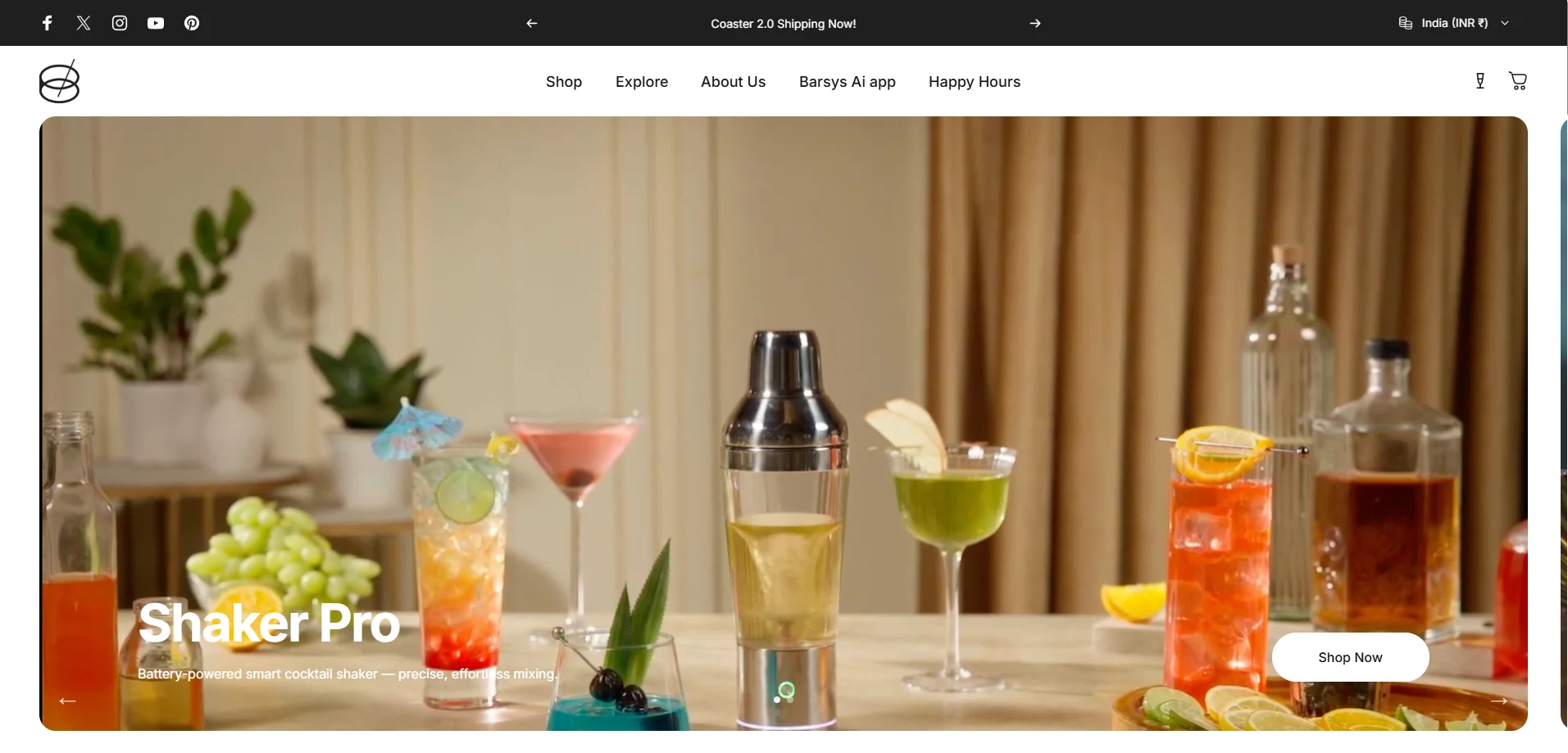 Barsys homepage showing its navigation and Shaker Pro cocktail shaker promotion.